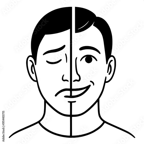 Split face silhouette showing happy and sad bipolar emotions vector