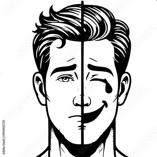 Dual personality concept with happy and depressed face profile icon