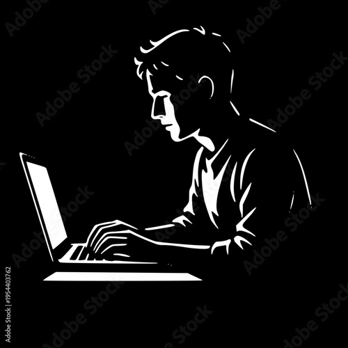 Freelancer working on laptop at night late work silhouette vector