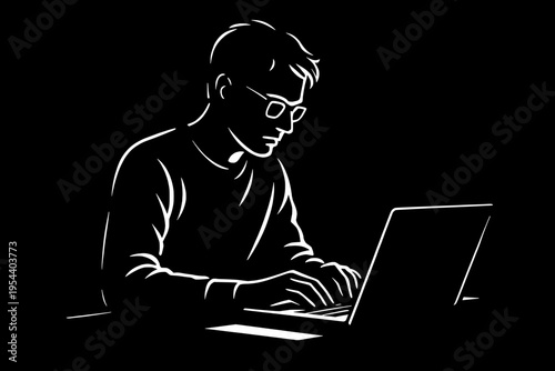 Night work and late deadline concept person on laptop silhouette