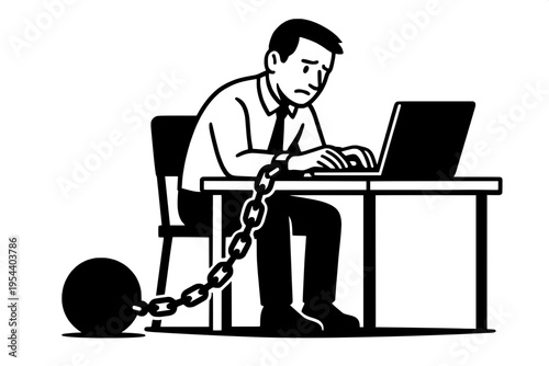 Person chained to desk and laptop silhouette work addiction concept