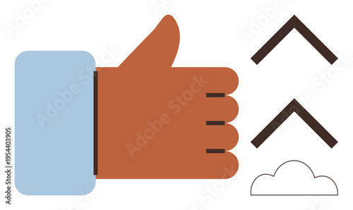 Success, positivity, approval, feedback, communication, progress. A thumbs-up hand, two upward arrows and a cloud. Success and positivity concept for conveying approval and feedback