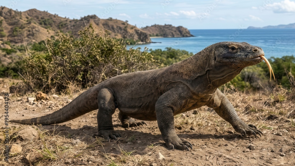 Fototapeta premium Komodo Dragon Varanus komodoensis on the rocky coast of Komodo Island, Indonesia, generative AI