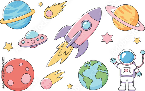 Astronaut and rocket launch in outer space with planets, stars, galaxy, spacecraft, and cosmic exploration vector illustration