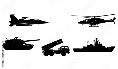 Military vehicle and aircraft silhouettes vector set tank jet helicopter warship icons