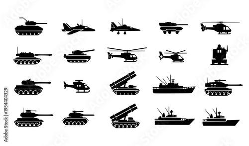 Defense equipment silhouettes vector collection military vehicles aircraft icon set