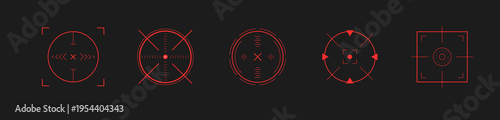 Crosshair Hud red. Modern combat game interface. Navigation panel and aiming reticle. Shooter or military simulator. Futuristic Hud and tech graphics. Vector eps 10.
