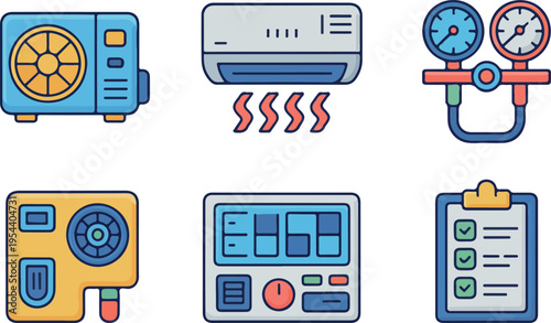 Air conditioning and HVAC system components with service tools, pressure gauges, thermostats, compressors, fans, maintenance, repair, and installation illustration