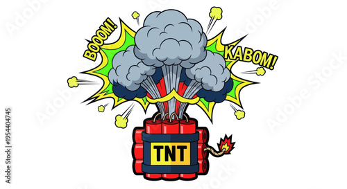 Explosion effect with TNT dynamite and comic book style BOOM KABOM words