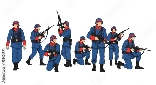 Soldiers in Blue Uniforms with Rifles, Isolated on White Background