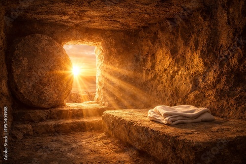 Empty tomb cave with strong sunlight rays, hope and faith concept