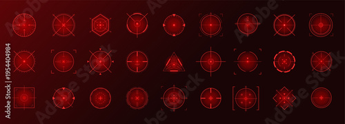 Crosshair Hud red. Futuristic combat simulator with bullseye accuracy. Game interface design. Featuring precision Hud, laser targeting, tech navigation, and neon elements. Vector illustration.