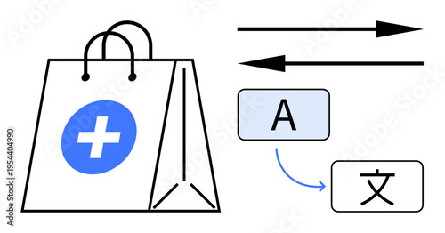Online shopping, healthcare, globalization, translation services, e-commerce, multilingual support. Shopping bag with medical symbol and language translation arrows. Online shopping and globalization