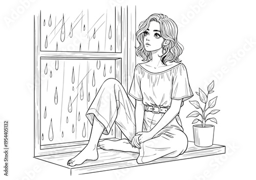 Thoughtful Woman Sitting By Window Looking Out At Rain Drops - Vector Illustration