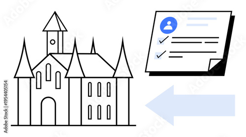 Gothic building with spires, digital user profile card with checkmarks, and a left-facing arrow. Ideal for heritage, data, navigation, organization, identity education and communication. Simple