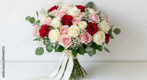 Elegant bridal bouquet featuring a mix of fresh red, pink, and white roses with delicate baby's breath and eucalyptus leaves, tied with a long white ribbon