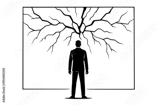 Person in front of large cracked wall obstacles concept silhouette