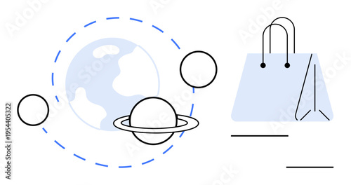Online shopping, global markets, digital retail, commerce trends, universal trade, futuristic connectivity. Planet Earth surrounded by orbital elements and a shopping bag. Online shopping and global