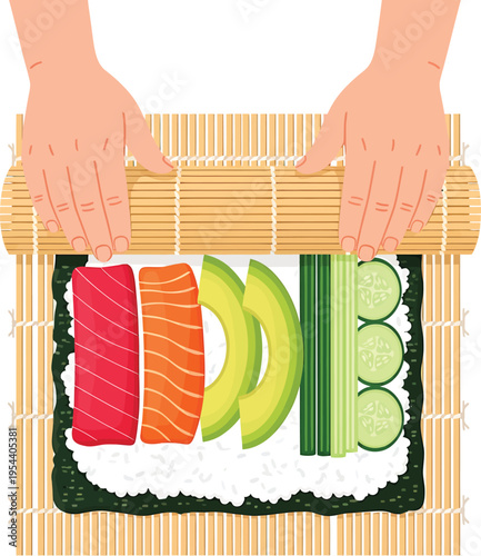 Hand drawn vector illustration of an abstract background featuring a gourmet breakfast meal with healthy brown bread and tasty chocolate snacks on a white wooden plate isolated in a kitchen