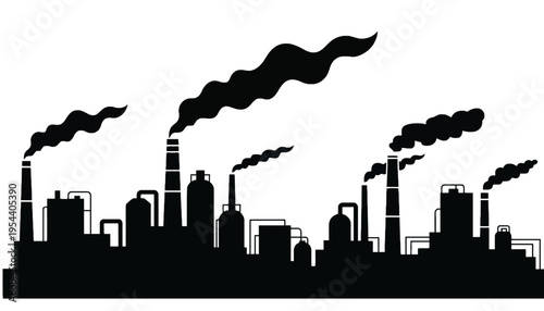 Factory industrial silhouette with smokestacks emitting pollution into atmosphere