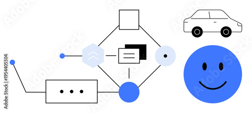 Connectivity concept. Connectivity illustrated with geometric figures, lines, and tech symbols. Connectivity for automation, technology, communication, transportation, and AI systems