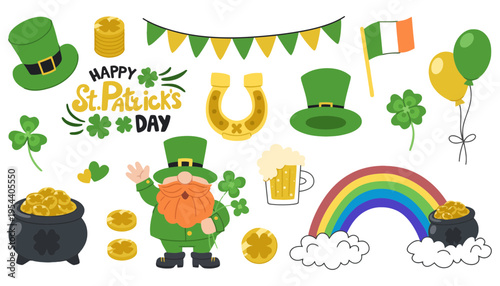 St Patricks Day illustration with leprechaun and rainbow gold coins