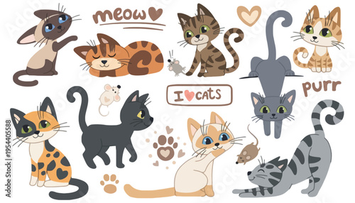 A colorful cat sticker set with various cartoon felines and cute expressions