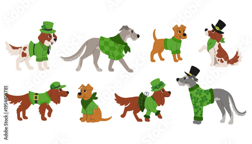 Dog illustration set wearing green clothes for St. Patrick's Day celebration