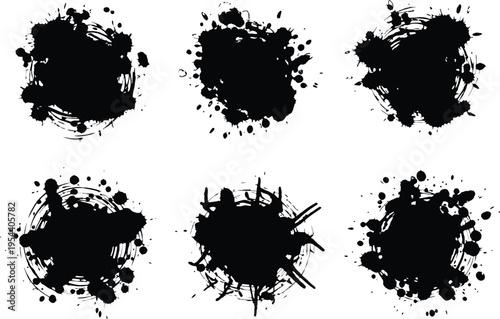 Six black ink splatters on a white background