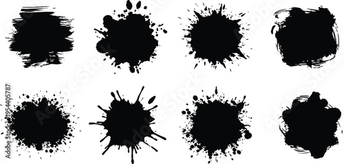 Collection of eight black ink splatter stains on white background