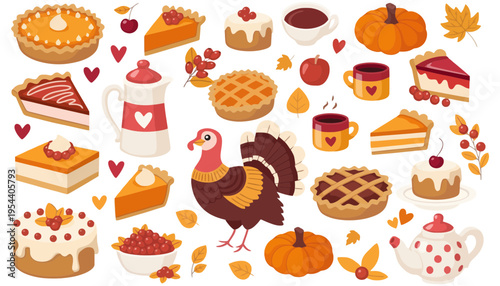 A vibrant illustration of Thanksgiving food and a turkey icon