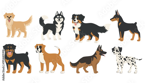 Dog breeds illustration set featuring various cartoon canine silhouettes and icons