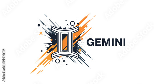 Gemini zodiac sign symbol featured on a dynamic orange and black splattered background represents duality and astrological energy.
