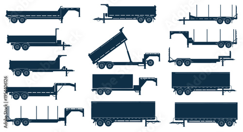 Bild auf Leinwand Collection of Truck Trailer Silhouettes: Flatbed, Tipper, Log, Box & More