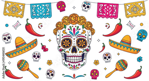 Day of the Dead Sugar Skull Decoration with Maracas and Sombreros