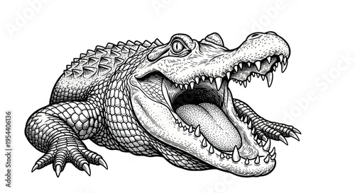 Aggressive Alligator Biting with Open Mouth and Sharp Teeth, Ink Drawing