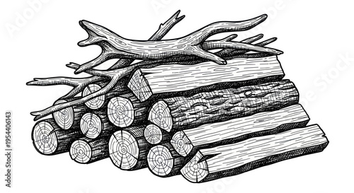 Hand Drawn Stacked Firewood and Antlers Illustration