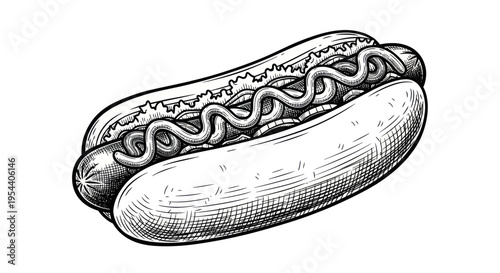 Hand-drawn sketch of a hot dog with mustard and relish on a white background