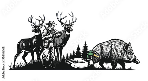 Hunter with Rifle, Deer, Wild Boar, and Duck in Forest Scene