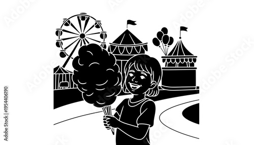 A cartoon girl holding cotton candy in a black and white amusement park
