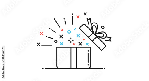Open gift box with decorative elements flying out, symbolizing surprise, celebration, reward, or special offers.