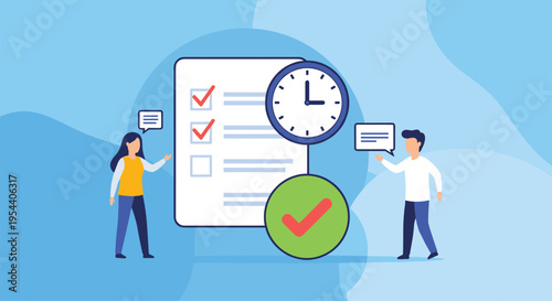 Business people discussing a task list with a large clock and check marks, focusing on time management and productivity.