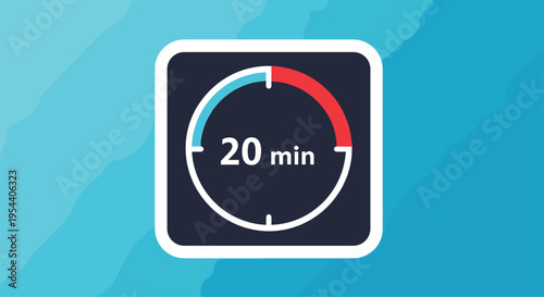 Timer icon showing 20 minutes remaining on a dark square button against a blue wavy background for time management apps.