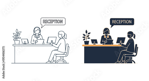 Reception desk scenes in line art and solid styles showing a receptionist with a headset helping a customer or client.