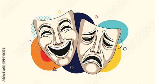 Classic comedy and tragedy drama masks on a colorful abstract background, representing theater, art, and performance.