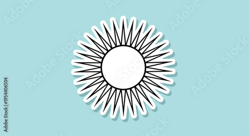 Stylized sun or starburst sticker with many sharp rays on a light teal background, representing energy or heat.