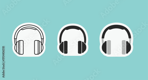 Set of three headphone icons in different styles, outlined, solid, and shaded, on a teal background for audio apps.