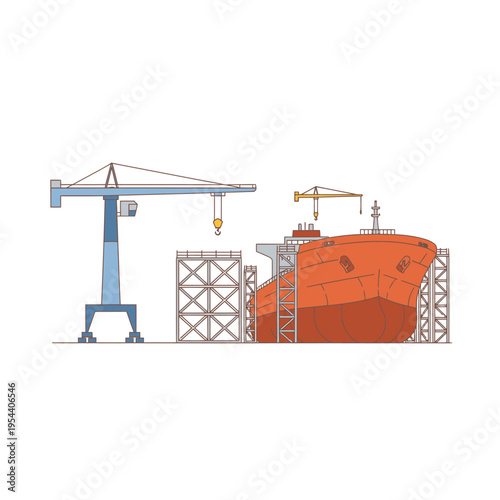 Shipyard construction of a large vessel with cranes and scaffolding, an industrial scene illustrating shipbuilding and maritime industry processes