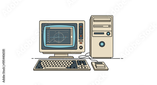 Vintage computer setup from the 80s or 90s, including a CRT monitor, tower, keyboard, and a mouse on a simple desk.