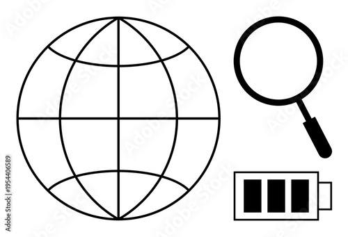 Global connectivity concept. Global connectivity highlighted by a globe, magnifying glass, and battery icon . Perfect for technology, internet, energy, and data usage . Ideal for digital